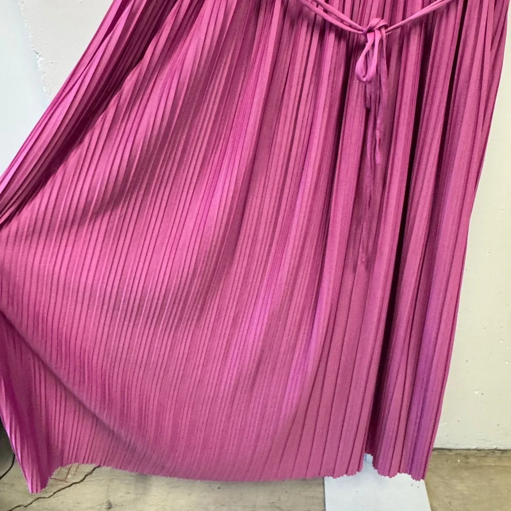Endless Rose Magenta Pink Pleated Maxi A-line Dress V-Neck Sleeveless XL Brunch